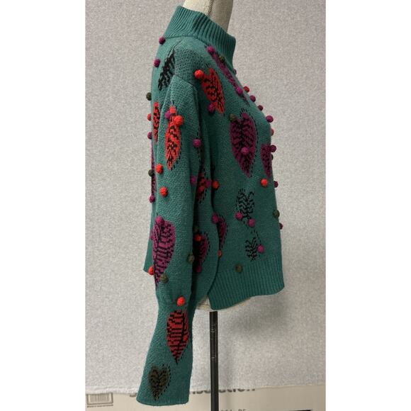 Farm Rio Monstera Hearts Intarsia-Knit Sweater Pom Poms Woman’s Medium - Picture 3 of 11